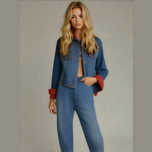 JOHNNY Girl" Western Denim Jacket and Pants Set Red stitch graphic logo